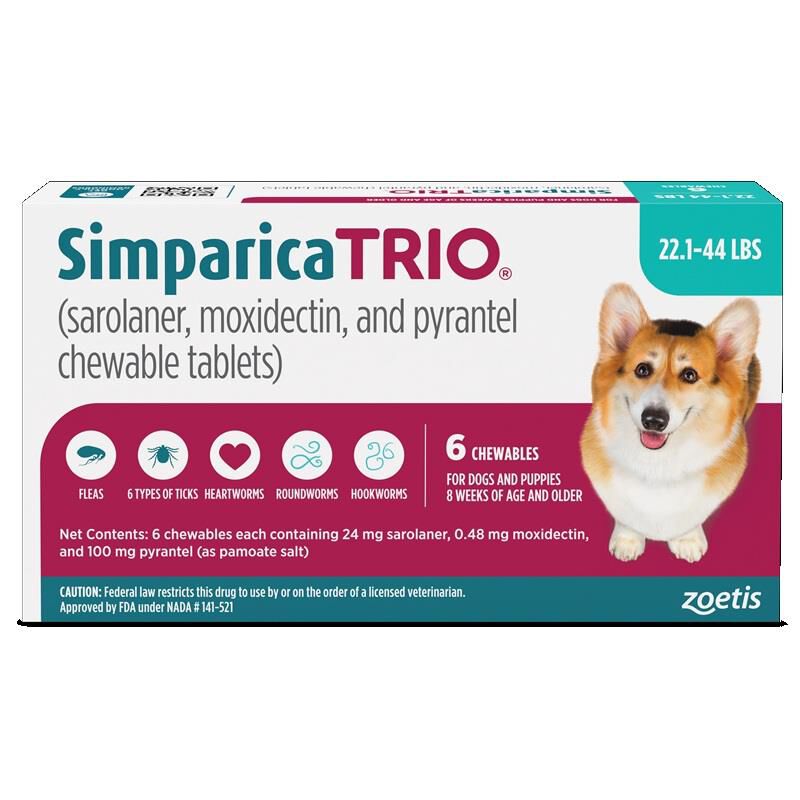 Simparica Trio Chewable Tablets for Dogs 22.1-44 lbs Blue, 6 Month Supply