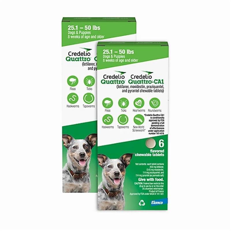 Credelio Quattro / Credelio Quattro-CA1 Flavored Chewable Tablet for Dogs & Puppies 25.1-50 lbs Green 12 Month Supply