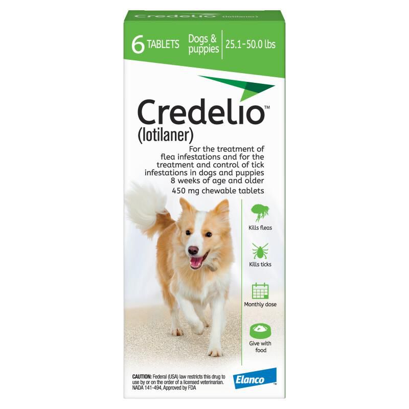 Credelio Flea & Tick Chewable Tablets for Dogs & Puppies 25.1-50 lbs (450 mg) Green 6 Month Supply